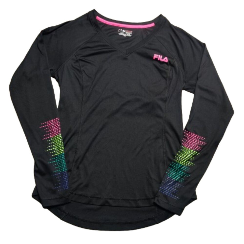 FILA Sport Womens Medium Black Long Sleeve Athletic Top V Neck Rainbow Sleeves